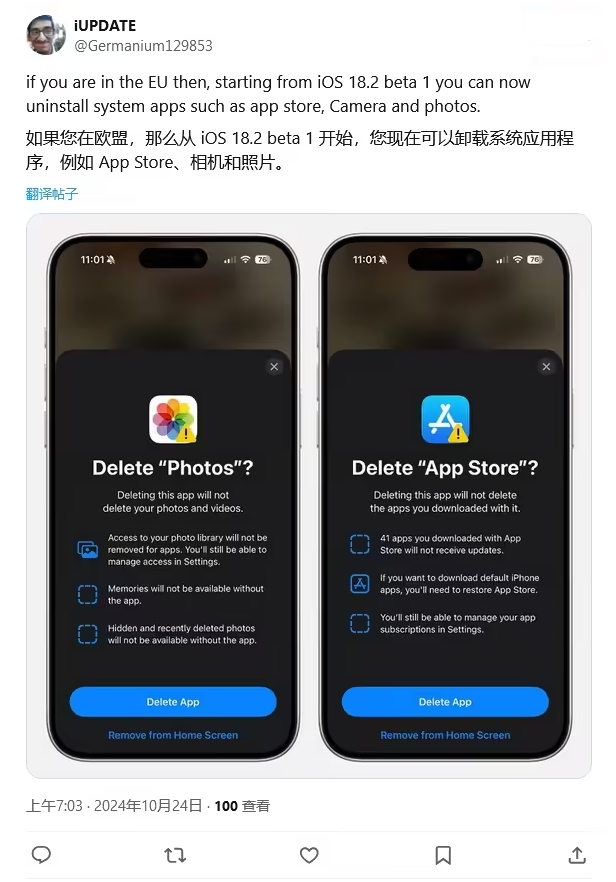 九所镇苹果手机维修分享iOS 18.2 支持删除 App Store 应用商店 