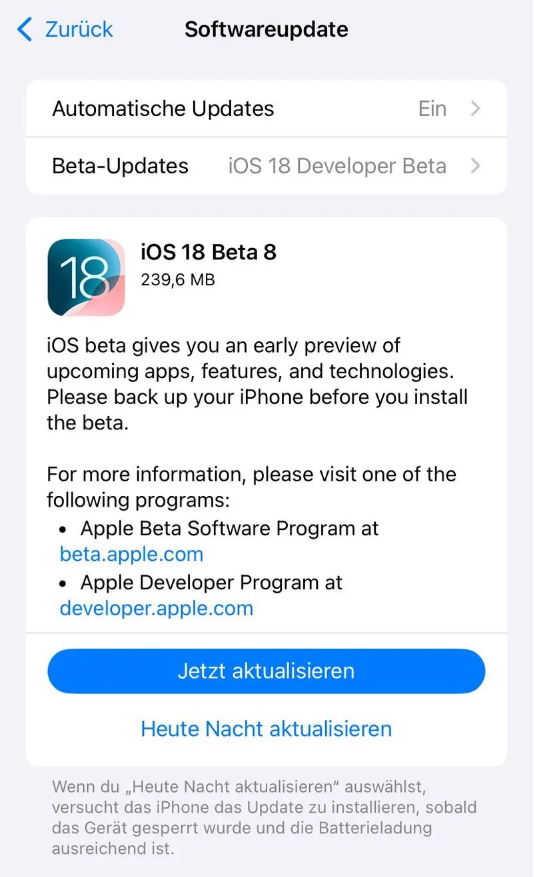 九所镇苹果手机维修分享苹果 iOS / iPadOS 18 开发者预览版 Beta 8 发布 